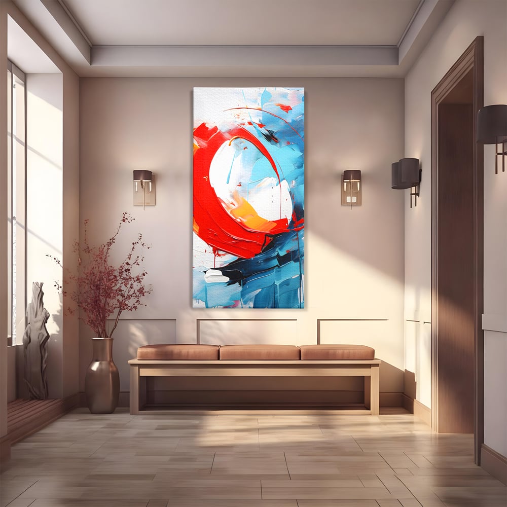 Tablou canvas cu pictura abstracta cu cerc rosu si tuse albastre, fara rama, pe sasiu de lemn